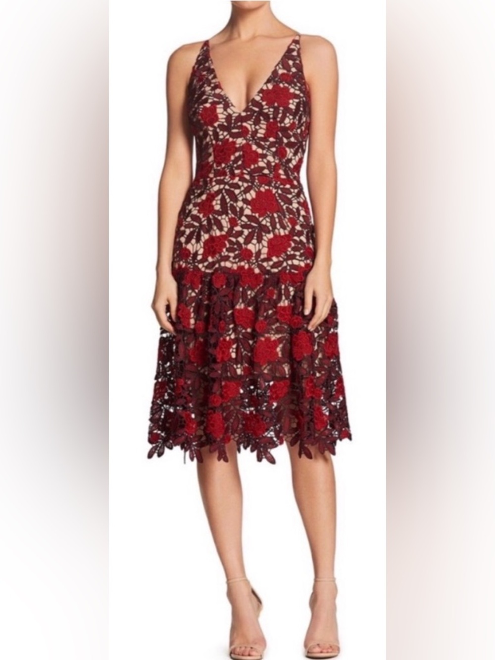Dress the Population Red Floral Lace V-Neck Tiered Midi Dress Size Medium